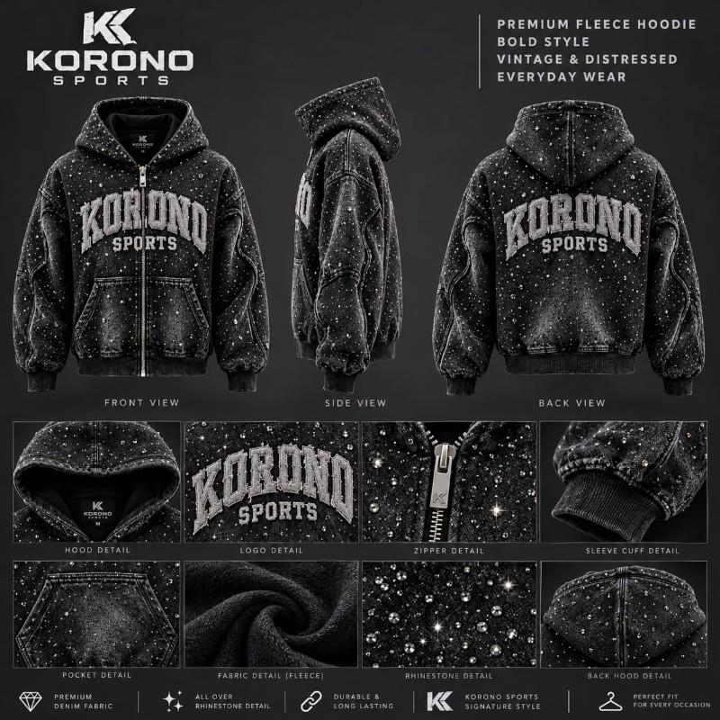 Premium Rhinestone Vintage Distressed Zip-Up Hoodie