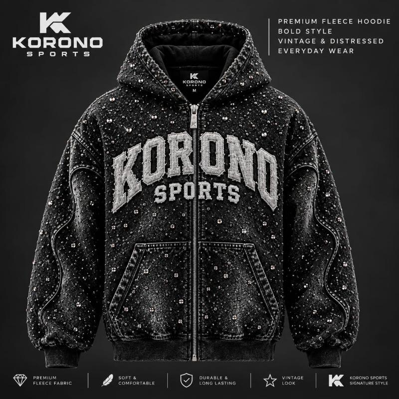 Premium Rhinestone Vintage Distressed Zip-Up Hoodie
