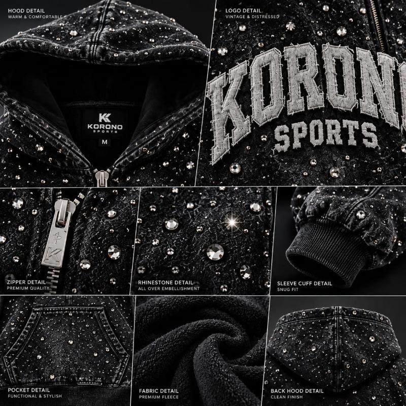 Premium Rhinestone Vintage Distressed Zip-Up Hoodie