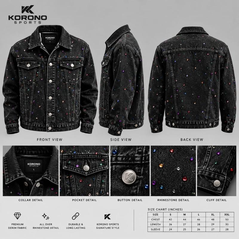 Premium Black Denim Rhinestone Studded Jacket – Multicolor Edition