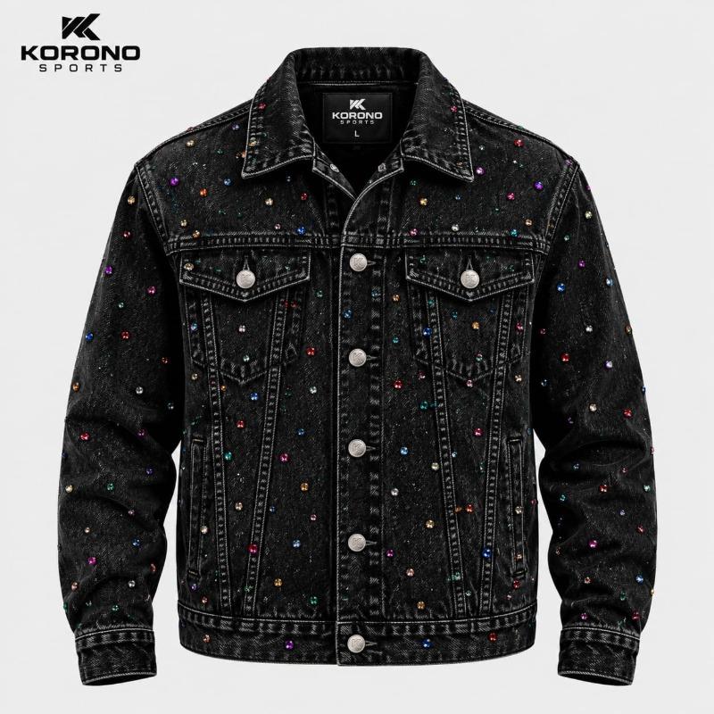 Premium Black Denim Rhinestone Studded Jacket – Multicolor Edition
