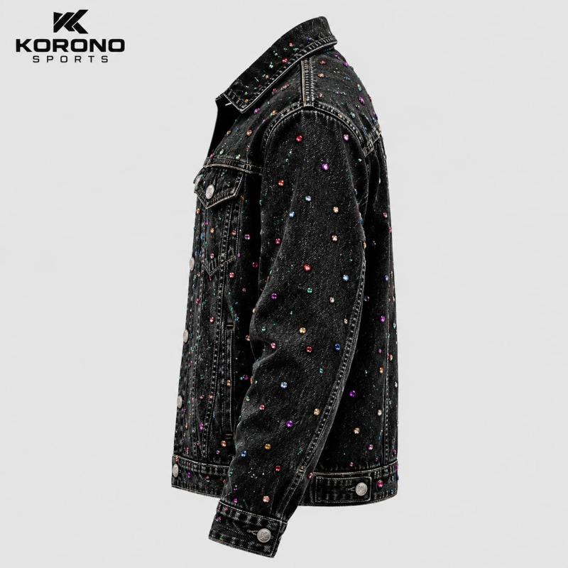 Premium Black Denim Rhinestone Studded Jacket – Multicolor Edition