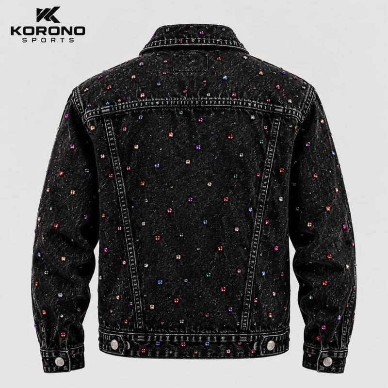 Premium Black Denim Rhinestone Studded Jacket – Multicolor Edition