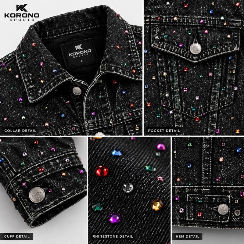 Premium Black Denim Rhinestone Studded Jacket – Multicolor Edition