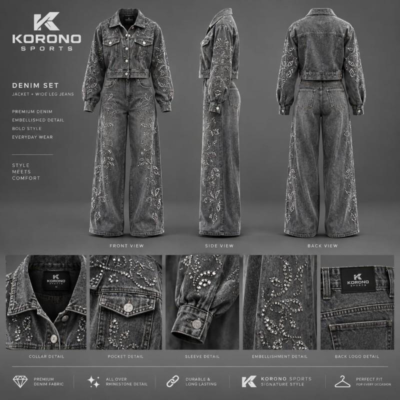 Vintage Grey Rhinestone Denim Jacket & Wide-Leg Jeans Set