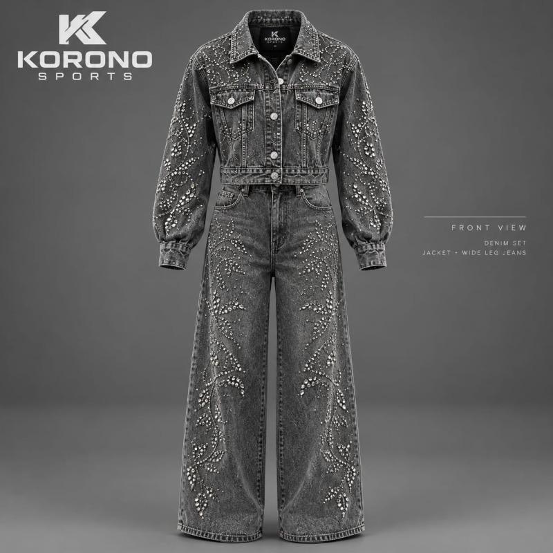 Vintage Grey Rhinestone Denim Jacket & Wide-Leg Jeans Set