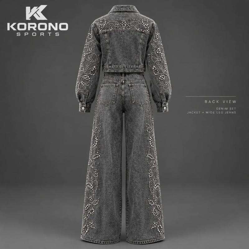 Vintage Grey Rhinestone Denim Jacket & Wide-Leg Jeans Set