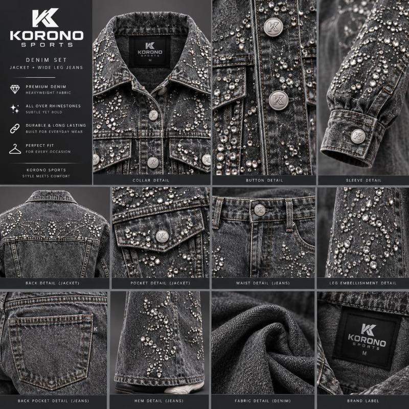 Vintage Grey Rhinestone Denim Jacket & Wide-Leg Jeans Set