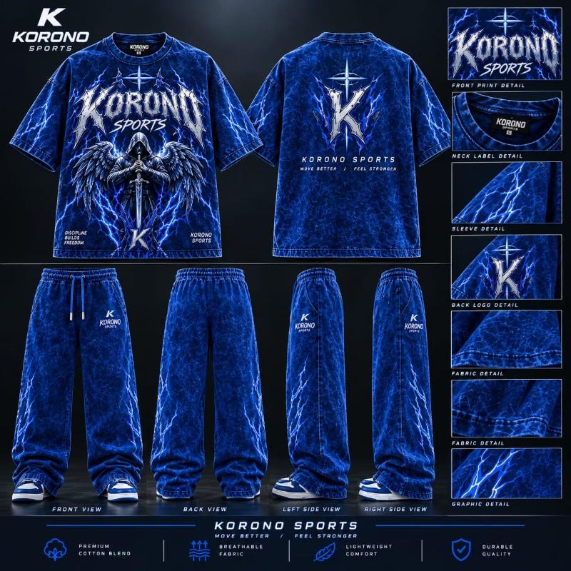 Korono Custom Sublimation Streetwear Tracksuit Set – Electric Blue Graphic Print Oversized T-Shirt and Matching Joggers