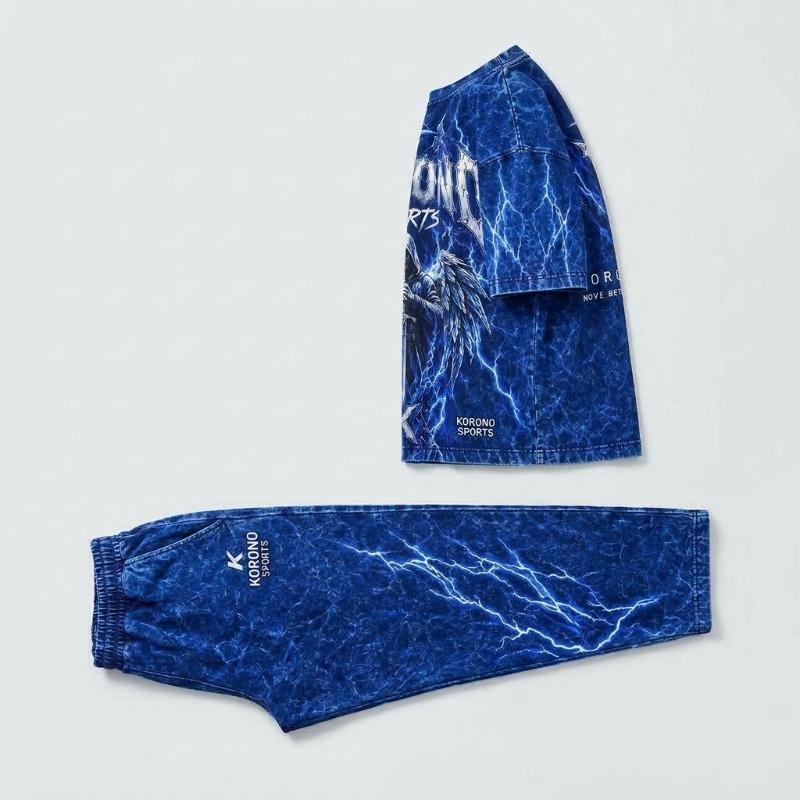 Korono Custom Sublimation Streetwear Tracksuit Set – Electric Blue Graphic Print Oversized T-Shirt and Matching Joggers