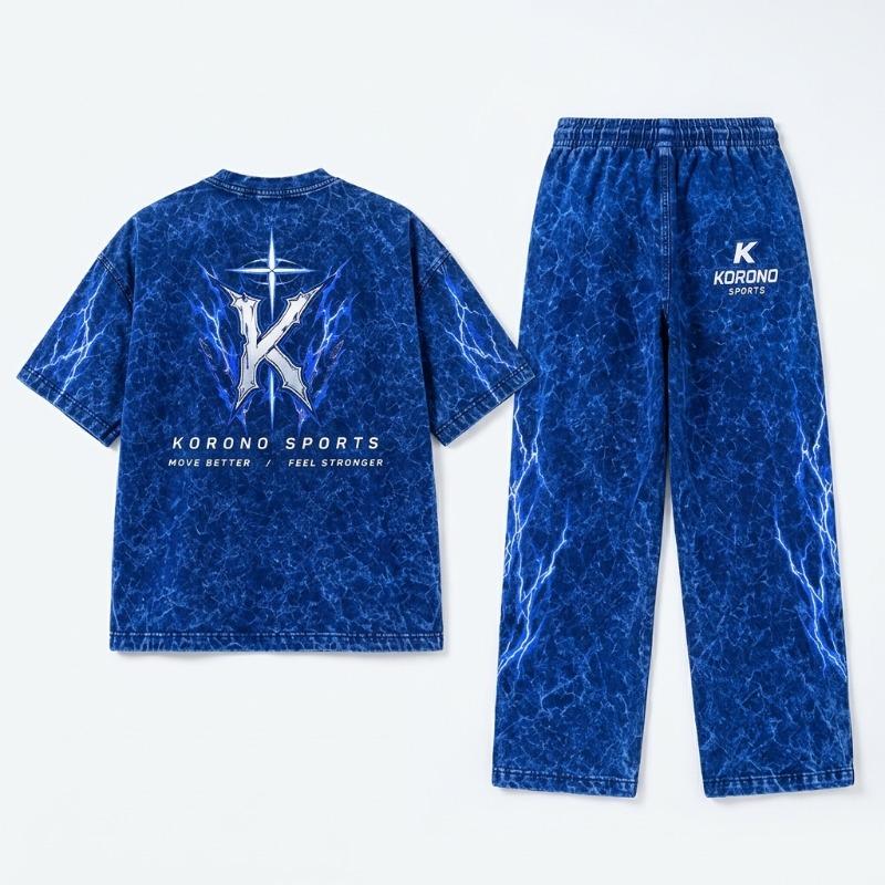 Korono Custom Sublimation Streetwear Tracksuit Set – Electric Blue Graphic Print Oversized T-Shirt and Matching Joggers