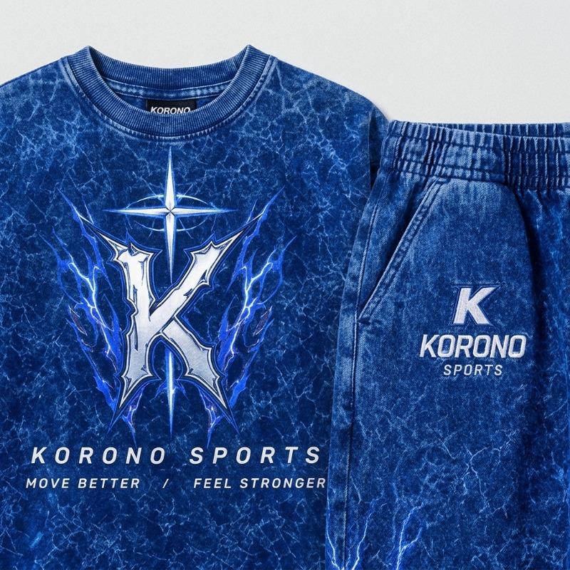 Korono Custom Sublimation Streetwear Tracksuit Set – Electric Blue Graphic Print Oversized T-Shirt and Matching Joggers