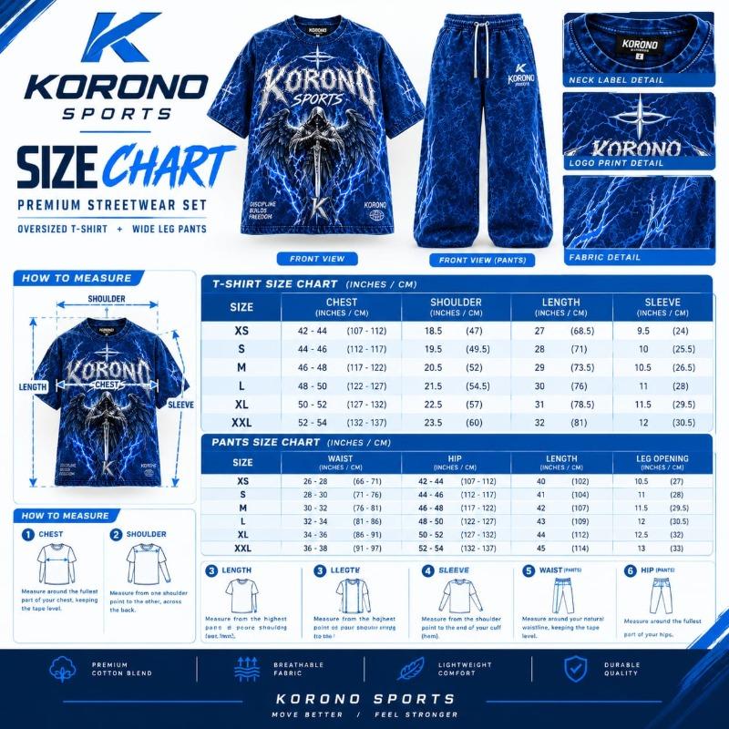 Korono Custom Sublimation Streetwear Tracksuit Set – Electric Blue Graphic Print Oversized T-Shirt and Matching Joggers