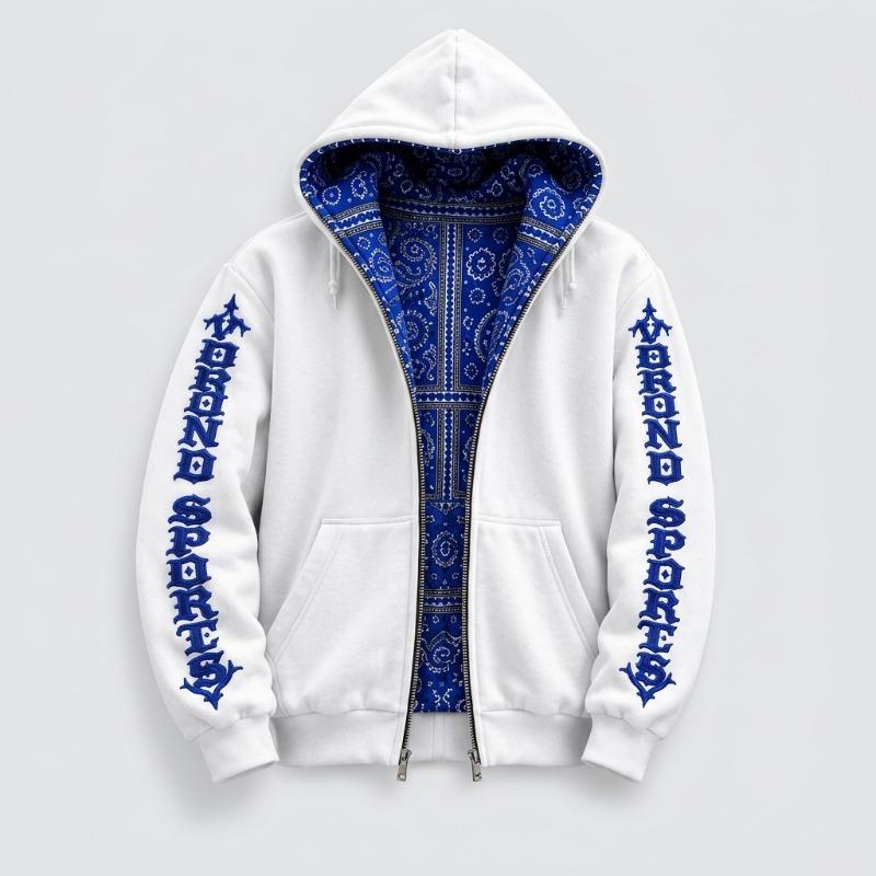 Wholesale Men’s Cotton Blend Full-Zip Hoodie – Graphic Sleeve Print & Contrast Paisley Hood Lining