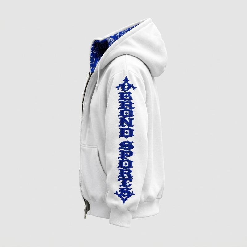 Wholesale Men’s Cotton Blend Full-Zip Hoodie – Graphic Sleeve Print & Contrast Paisley Hood Lining