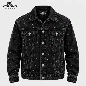 Premium Black Denim Rhinestone Studded Jacket – Multicolor Edition