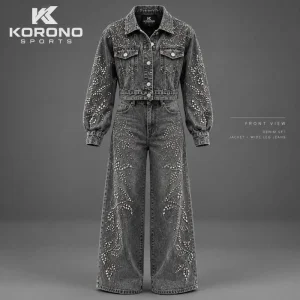 Vintage Grey Rhinestone Denim Jacket &amp; Wide-Leg Jeans Set