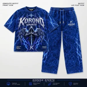 Korono Custom Sublimation Streetwear Tracksuit Set – Electric Blue Graphic Print Oversized T-Shirt and Matching Joggers