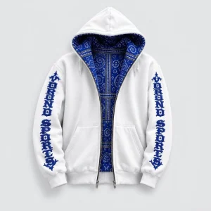 Wholesale Men’s Cotton Blend Full-Zip Hoodie – Graphic Sleeve Print &amp; Contrast Paisley Hood Lining