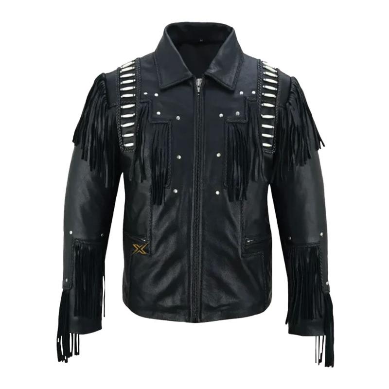 Men’s Black Leather Jacket with Studs Fringes & White Beads