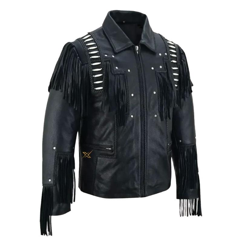 Men’s Black Leather Jacket with Studs Fringes & White Beads
