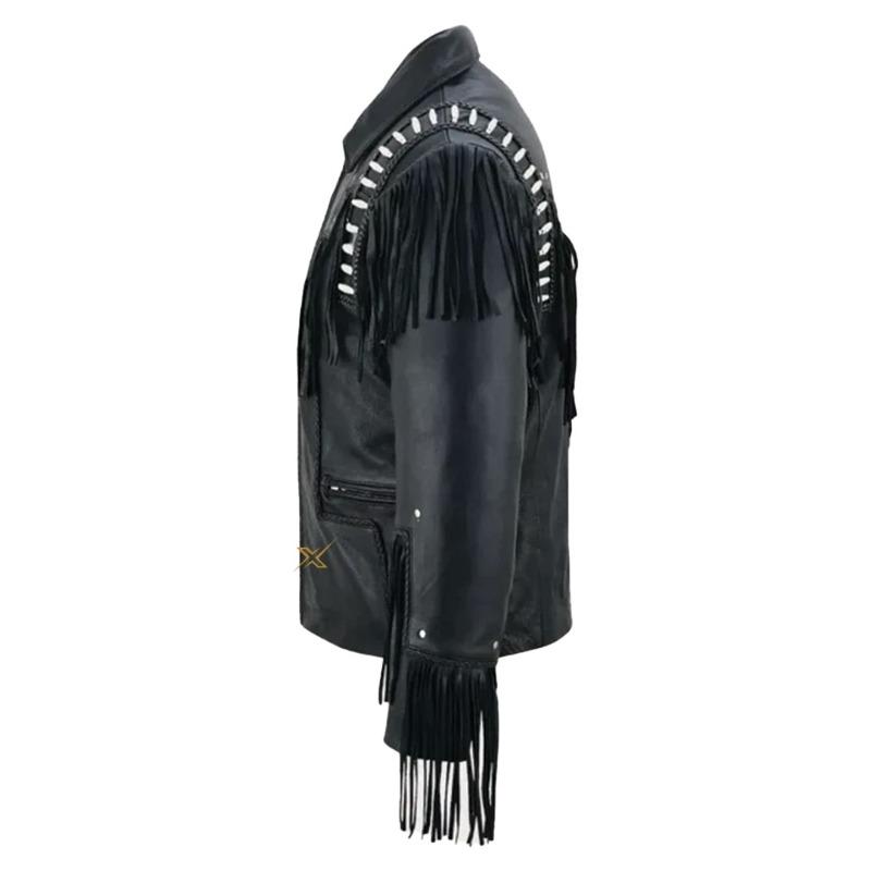 Men’s Black Leather Jacket with Studs Fringes & White Beads