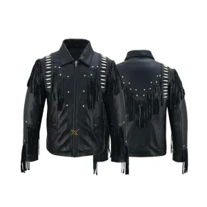 Men’s Black Leather Jacket with Studs Fringes &amp; White Beads