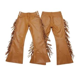 Men’s Rugged Tan Brown Leather Western Pants with Fringe