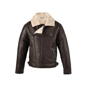 Brown Shearling Leather Jacket – Premium Winter Coat with Faux Fur Collar and Classic Design