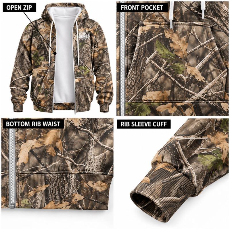 TOPKINGGEAR Men's Woodland Camo Hunting Zip-Up Hoodie - TKG-HD-4387