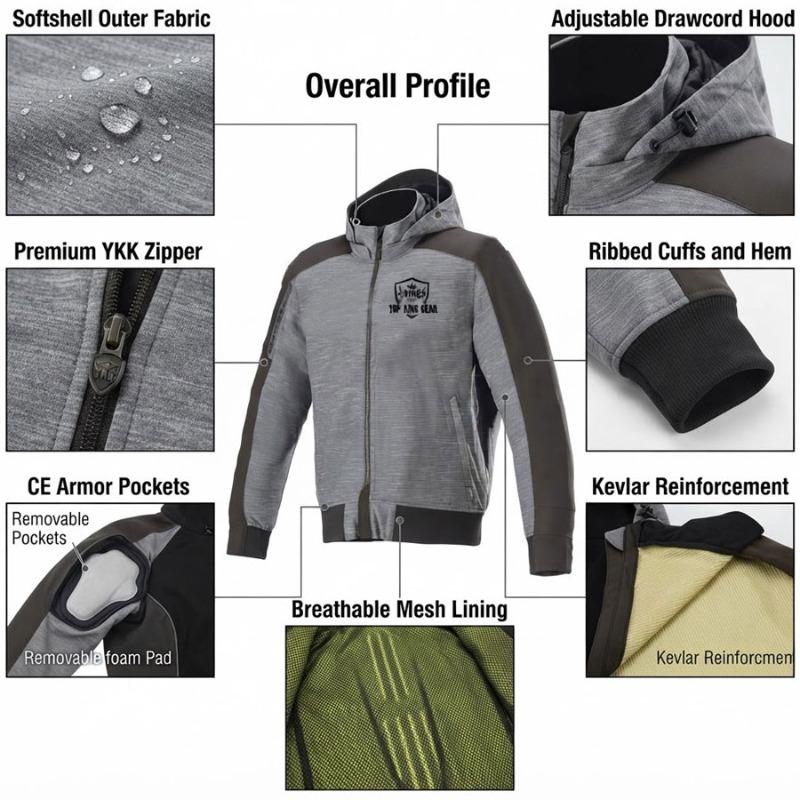 TOP KING GEAR Softshell Kevlar Motorcycle Riding Hoodie - TKG-PKH-11
