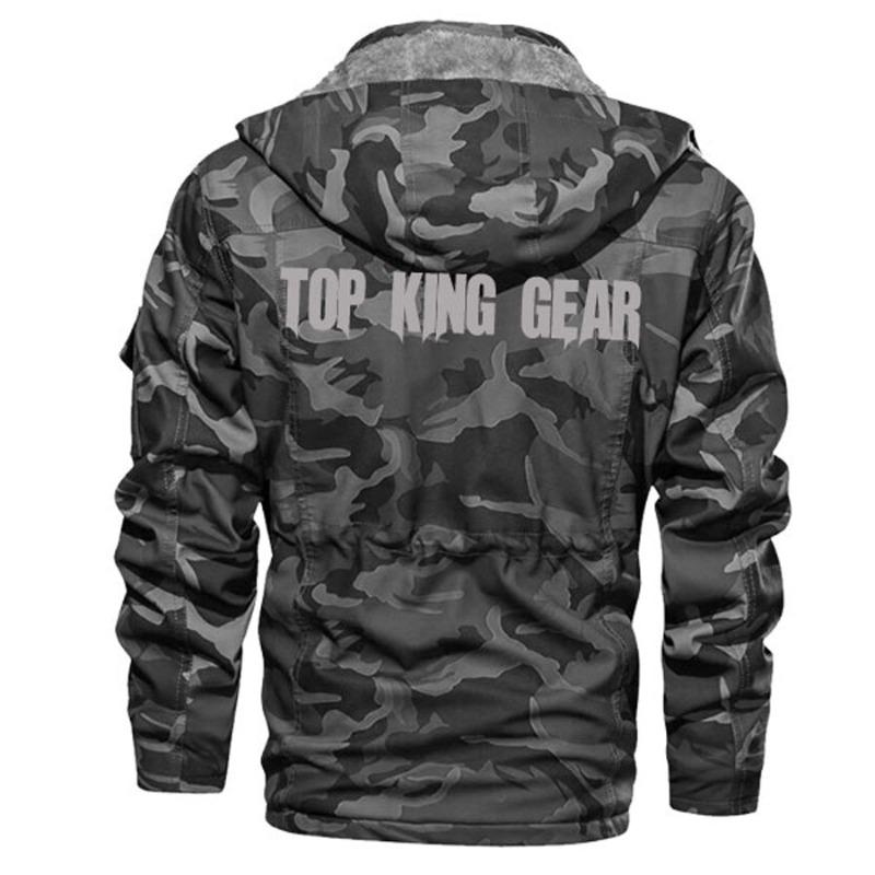 TOP KING GEAR Men's Camo Multi-Pocket Fur Padded Denim Cargo Jacket