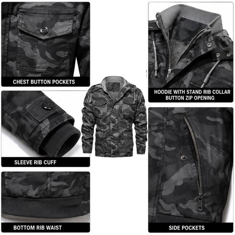 TOP KING GEAR Men's Camo Multi-Pocket Fur Padded Denim Cargo Jacket