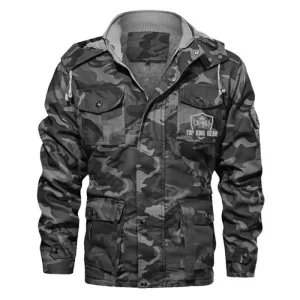 TOP KING GEAR Men's Camo Multi-Pocket Fur Padded Denim Cargo Jacket