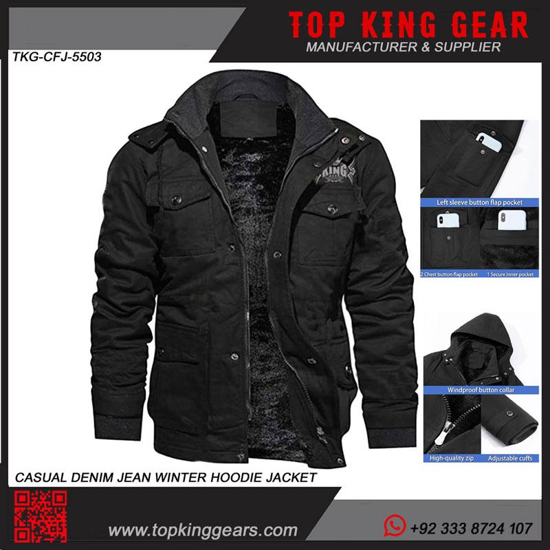 Casual Denim Jean Winter Hoodie Jackets | OEM Sportswear Manufacturer in Sialkot
