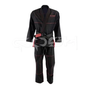 Black BJJ Gi With Red Stitching Heavy Duty Brazilian Jiu-Jitsu Uniform With Reinforced Knees And Matching Black Belt