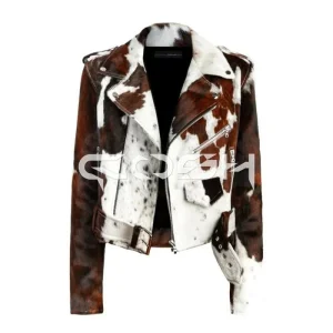 Brown And White Cow Hair On Biker Style Leather Jacket With Belt