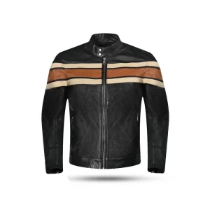 Men’s Vintage Café Racer Leather Jacket – Retro Striped Motorcycle Biker Jacket