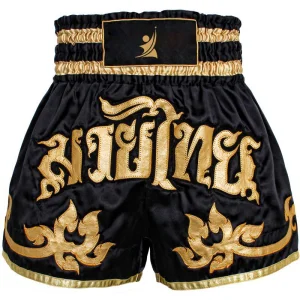 Pro Combat Muay Thai Shorts – Black &amp; Gold Satin Training