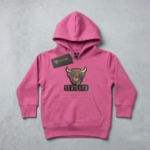 Highland Cow Embroidered Kids Hoodie – Pink
