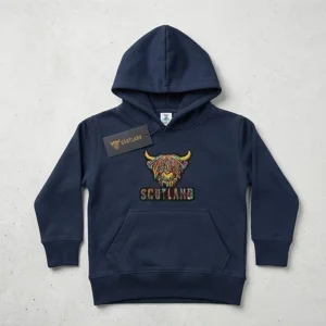 Highland Cow Embroidered Kids Hoodie – Navy Blue