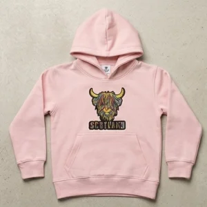 Highland Cow Embroidered Kids Hoodie – Pale Pink