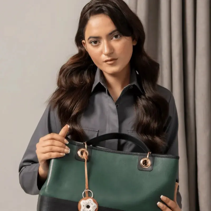SHINKAI Genuine Leather Tote Bag for Women – Green & Black