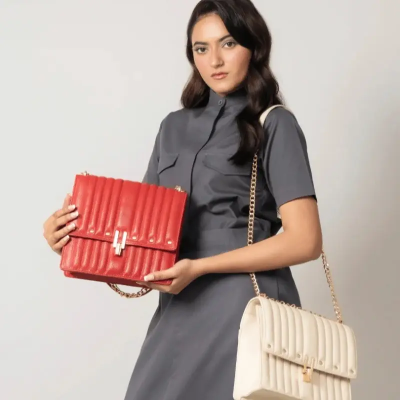 WINGED Genuine Leather Chain Shoulder Bag for Women – White & Red