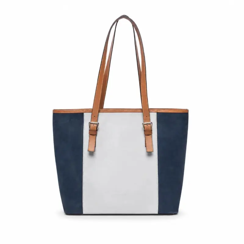 BURROW Genuine Leather Tote Bag for Women – Navy Blue & White