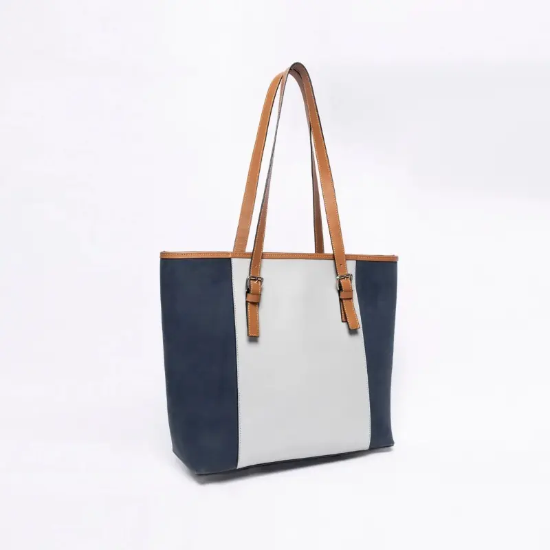 BURROW Genuine Leather Tote Bag for Women – Navy Blue & White