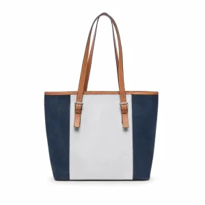 BURROW Genuine Leather Tote Bag for Women – Navy Blue &amp; White