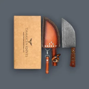 Handcrafted Damascus Steel Chef Cleaver Knife with Premium Leather Sheath &amp; Wooden Handle