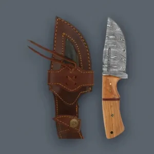 Handmade 4-Inch Damascus Steel Fixed Blade EDC Hunting Knife with Leather Sheath &amp; Wood Handle