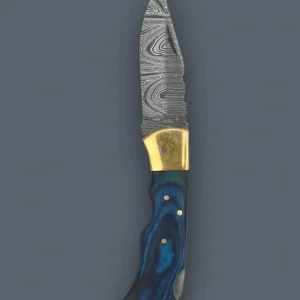 Handmade Damascus Folding Pocket Knife - "The Vanguard" with Blue Wood Handle &amp; Brass Bolster